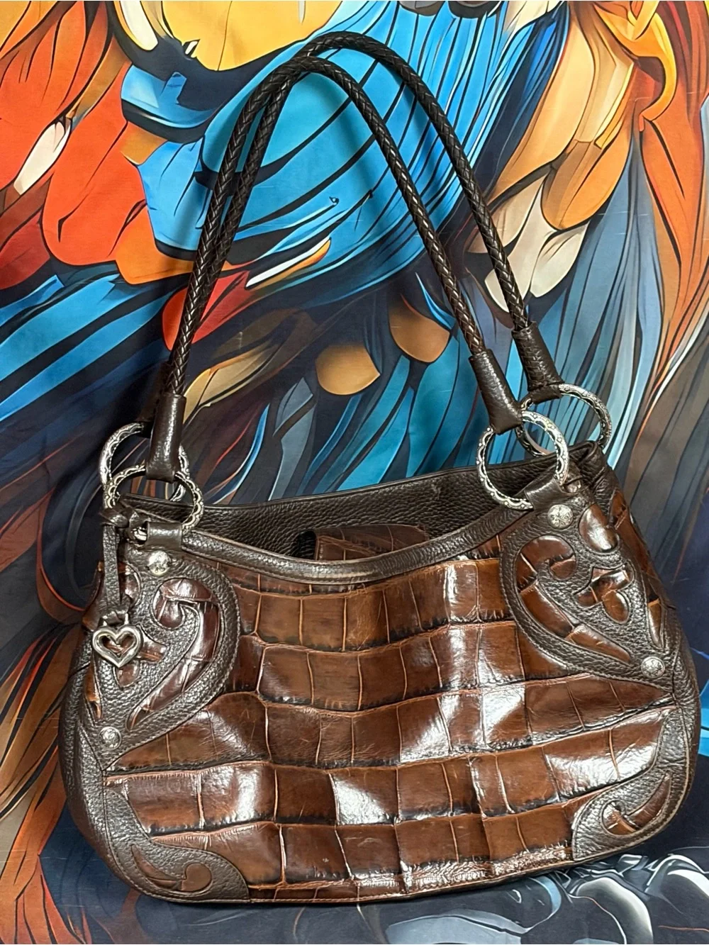 Brighton Brown Croc-Embossed Shoulder Bag with Heart Charm